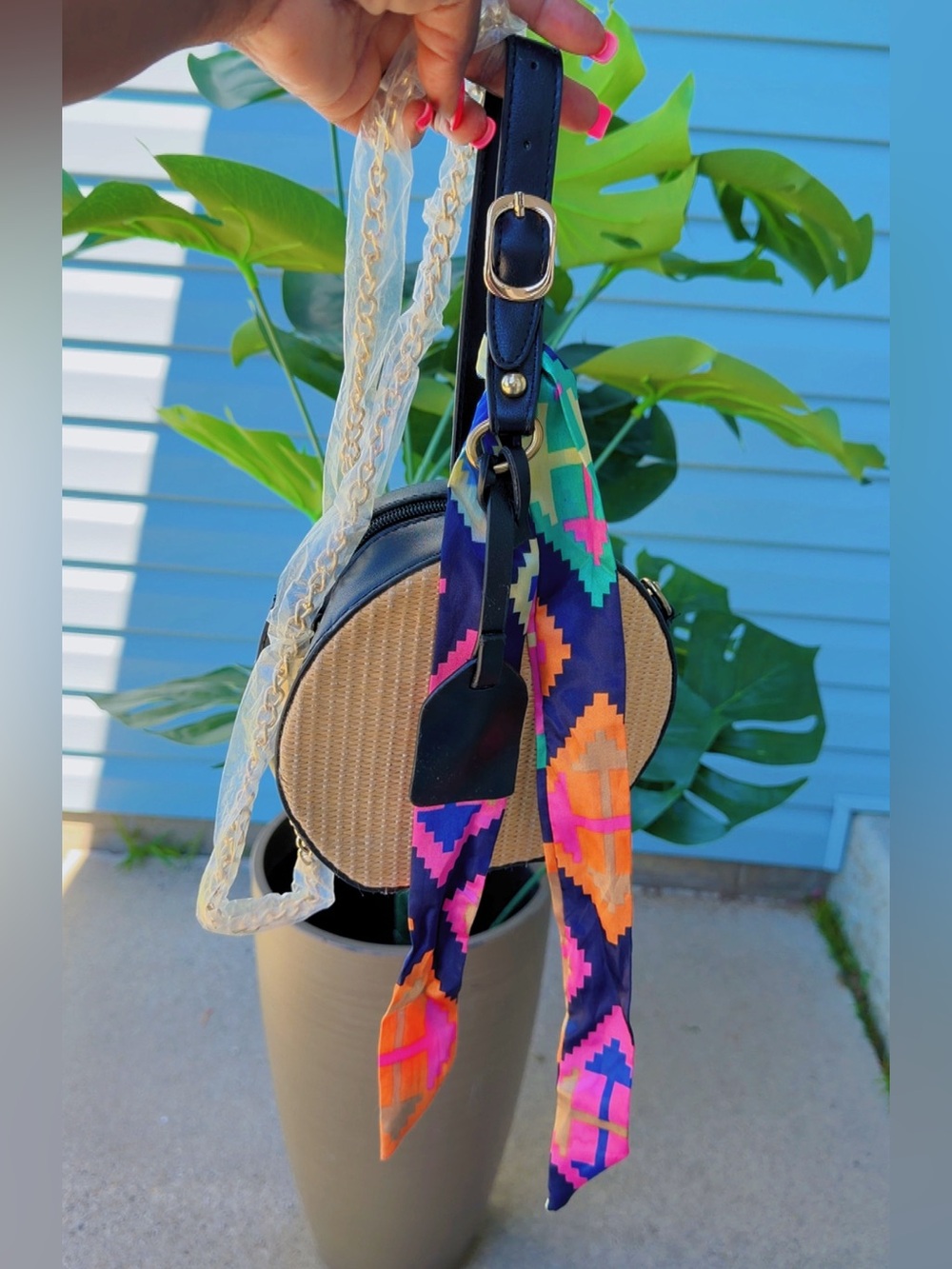 Woven Round Crossbody Bag with Multicolor Scarf Accent
